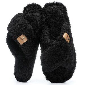 👑Women's Black Open Toe Cross Band Slip On Soft Memory Foam Cozy Slipper Shoes